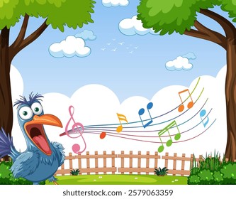 Colorful bird singing in a lush garden setting