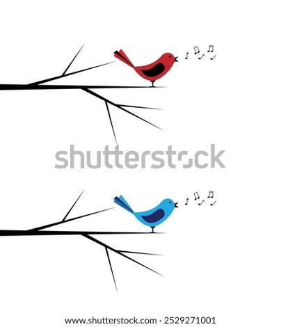 Colorful Bird Singing on a Tree Branch with Musical Notes Melody Flying Out. Nature and wildlife concept vector