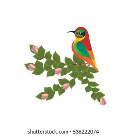 colorful bird sitting on a flowering tree branch art creative modern vector illustration, isolated on a white background design elements