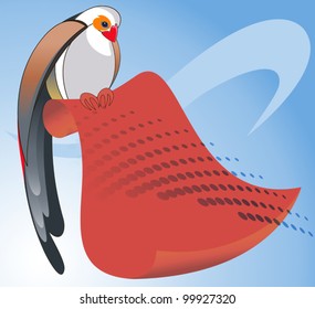 Colorful bird sitting on a red banner on the blue background