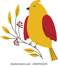 Pájaro colorido sentado en una rama de árbol. Lindo pájaro para el diseño de tarjetas, carteles, ropa y cuadernos.