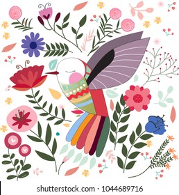 Colorful Bird in spring summer flower garden concept,Illustration vector by freehand doodle comic art stylef,for card background.Colorful animal collection