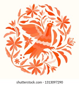 Colorful Bird Traditional Textile Embroidery Style from Tenango, Hidalgo; México - Otomi Circular composition - Vector