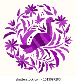 Colorful Bird Traditional Textile Embroidery Style from Tenango, Hidalgo; México - Otomi Circular composition - Vector