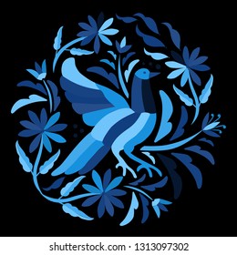 Colorful Bird Traditional Textile Embroidery Style from Tenango, Hidalgo; México - Otomi Circular composition - Vector