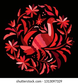 Colorful Bird Traditional Textile Embroidery Style from Tenango, Hidalgo; México - Otomi Circular composition - Vector