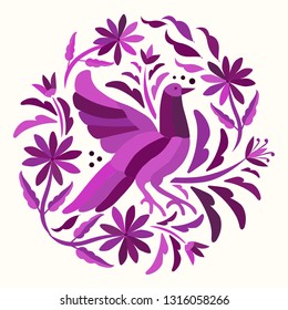 Colorful Bird Traditional Textile Embroidery Style from Tenango, Hidalgo; México - Otomi Circular composition - Vector