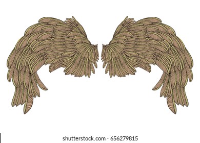 Colorful bird wings of different shape in open position isolated. Colourful illustrations with angel wings. Freehand drawing. Hand drawing tattoo vintage body art concept vector.