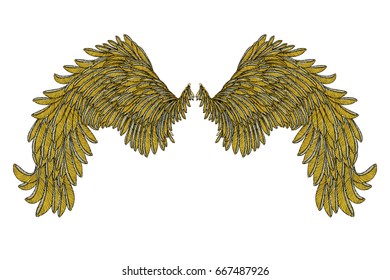 Colorful bird wings of different shape in open position isolated. Colourful illustrations with angel wings. Freehand drawing. Hand drawing tattoo vintage body art concept vector.