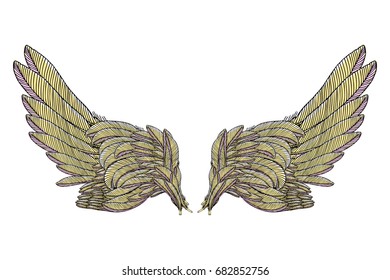 Colorful bird wings of different shape in open position isolated. Colourful illustrations with angel wings. Freehand drawing. Hand drawing tattoo vintage body art concept vector.