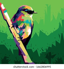 colorful bird wpap pop art style illustration. birds perch on branches illustration with green forest background