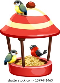 colorful birdhouse with grains and birds