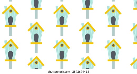Colorful birdhouses in a repeating pattern on a white background suitable for wallpaper or fabric design