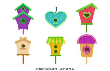 Colorful Birdhouses Vector Illustrated Set. Nesting Boxes For Birds