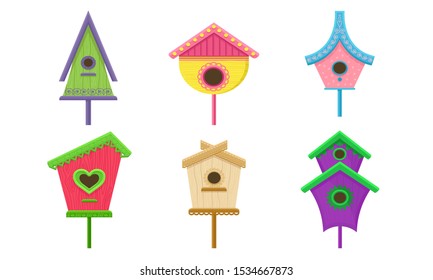 Colorful Birdhouses Vector Illustrated Set. Nesting Boxes For Birds