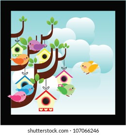 Colorful birds and birdhouses