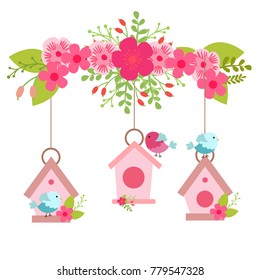 Colorful birds and birdhouses
