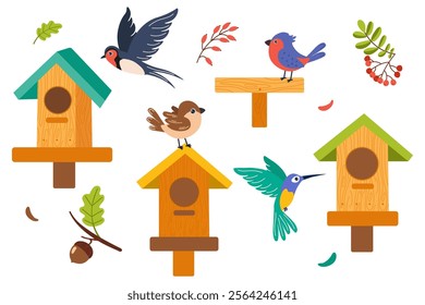 Colorful birds and birdhouses in a vibrant garden setting during springtime