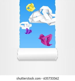 Colorful birds and clouds in the sky made of crumpled  strips 	
through teared off white paper. Origami paper birds and clouds. Vector illustration.