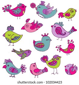 Colorful Birds Doodle Collection - hand drawn in vector - for design and scrapbook