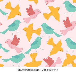 Pájaros de colores dibujando un patrón sin fisuras en muestras. Aves voladoras sobre fondo rosa, Ilustración vectorial para tarjeta, Anuncio, cartel, Fondo de pantalla.