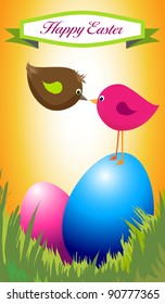 Colorful birds with easter eggs.