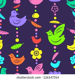 Colorful birds feathers and flowers bead threads seamless pattern, vector
