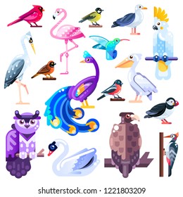 Colorful birds flat illustration. Vector logo icons set. Cute characters isolated on white background.