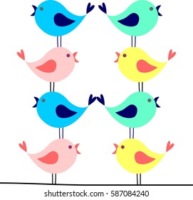 Colorful birds, happy cute cartoon, on line, head