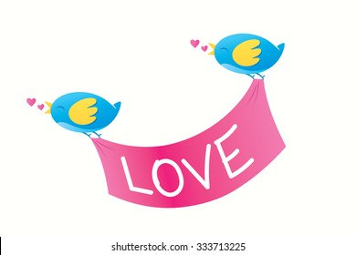Colorful birds holding a curtain with a love sign.