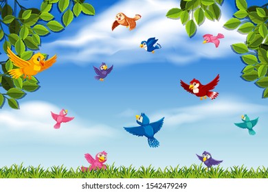 Colorful birds in jungle scene illustration