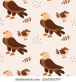 Colorful birds and leaves pattern featuring eagles and sparrows on a light background