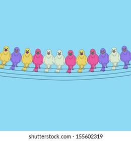 Colorful birds on wires.