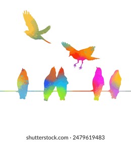 Colorful birds on wires. hand drawing. Not AI, Vector illustration.