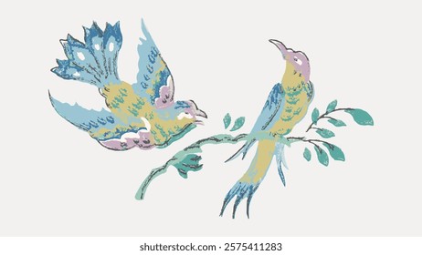 Colorful birds perched on a branch. Birds in flight, vibrant feathers. Nature scene with birds, branch, and leaves. Artistic depiction of birds and nature. Vintage animal illustration isolated, vector