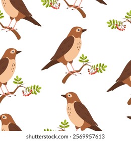 Colorful birds perched on branches among leaves and berries in a cheerful pattern design