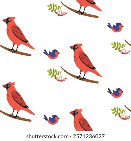 Colorful birds perched on branches surrounded by leaves and berries in a vibrant pattern