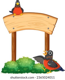 Colorful birds perched on a wooden sign banner surrounded by a tree bush