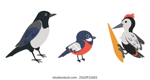 Colorful birds perched together in a playful illustration showcasing wildlife