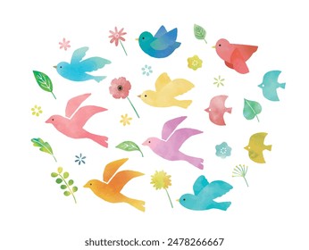 Colorful birds and plants watercolor