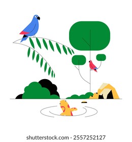 Colorful Birds And Pond In Forest Scene In Flat Vector Illustration Symbolizing Nature, Wildlife, And Biodiversity, Isolated On White Background