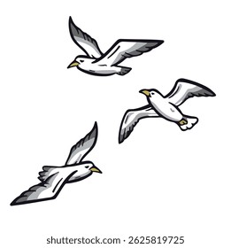 colorful birds seagulls in flight illustration hand made