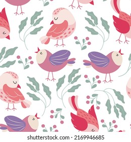 Colorful birds seamless pattern. Exotic birds in different print poses. Vector illustration.