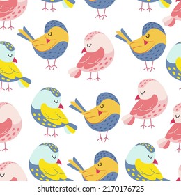 Colorful birds seamless pattern. Exotic birds in different print poses. Vector illustration.