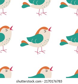 Colorful birds seamless pattern. Exotic birds in different print poses. Vector illustration.