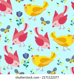 Colorful birds seamless pattern. Exotic birds in different print poses. Vector illustration.