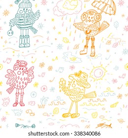 Colorful Birds Seamless pattern. Four Seasons. Times of year. Weather. Cartoon birds at different times of year - Hand drawn doodles vector illustration