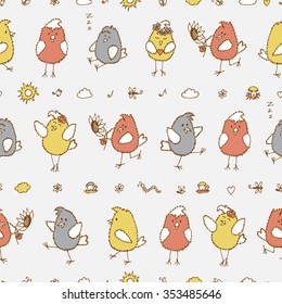 Colorful Birds Seamless pattern. Hand drawn doodles cute fluffy chicks - vector background. Wallpaper for kids