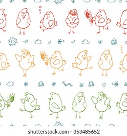 Colorful Birds Seamless pattern. Hand drawn doodles cute fluffy chicks - vector background. Wallpaper for kids