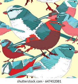 Colorful birds seamless pattern. Vector illustration on yellow background
